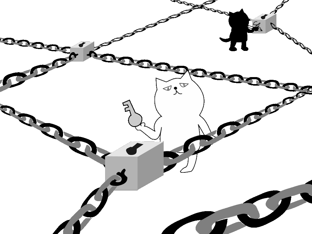 Ilustración conceptual con gatos y cadenas que representan nodos de una red blockchain conectados mediante seguridad criptográfica