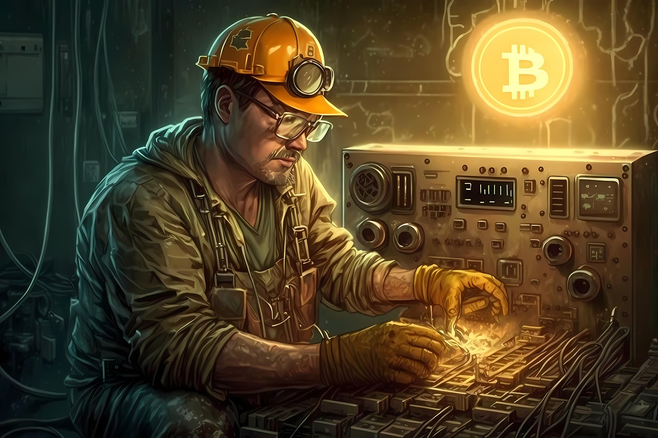 Ilustración de un minero trabajando con equipos tecnológicos, simbolizando la evolución del consenso y la minería en blockchain