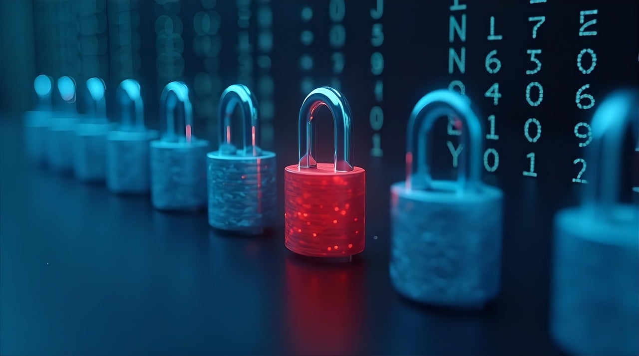 Fila de candados metálicos sobre un circuito digital, simbolizando la seguridad y la escalabilidad en blockchain